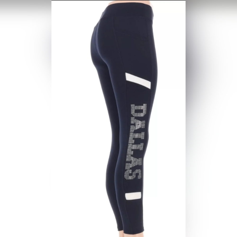 Dallas Rhinestone Navy Spandex Legging with Dallas in Silver Metallic. Game Day